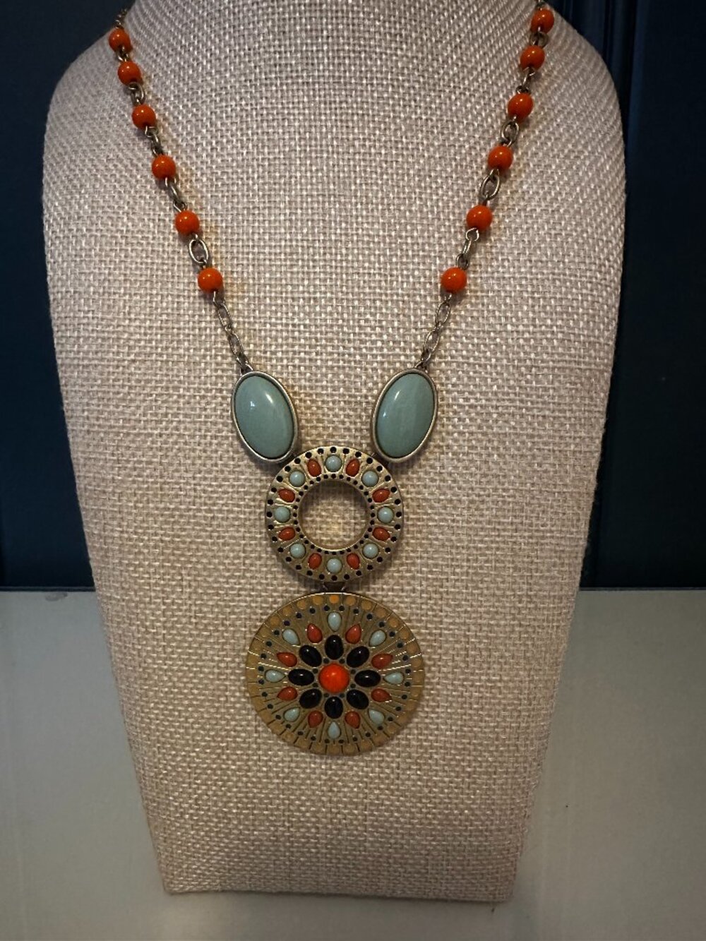 Lia Sophia Alicante Long Orange and Blue Medallion Necklace